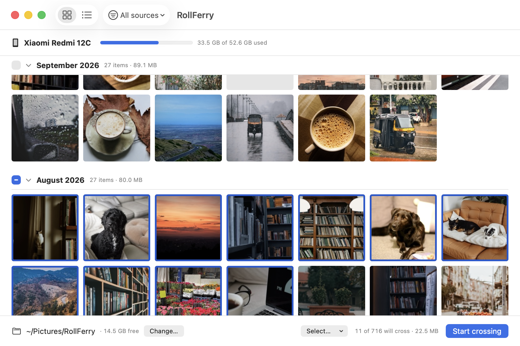 RollFerry on macOS: a Xiaomi Redmi 12C, 33.5 GB of 52.6 GB used, with photo thumbnails under pinned month headers — September 2026, 27 items · 89.1 MB, and August 2026, 27 items · 80.0 MB, whose tiles are outlined blue as selected. Along the bottom: “11 of 716 will cross · 22.5 MB” and a Start crossing button.