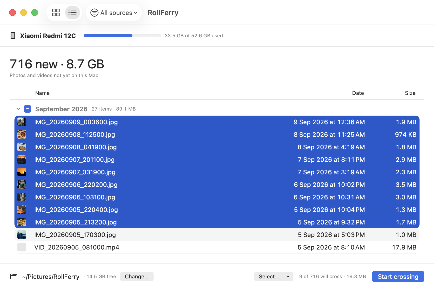 RollFerry's list view on macOS: a table of new photos and videos with thumbnail, name, date and size columns, with a Source column showing where each file came from.