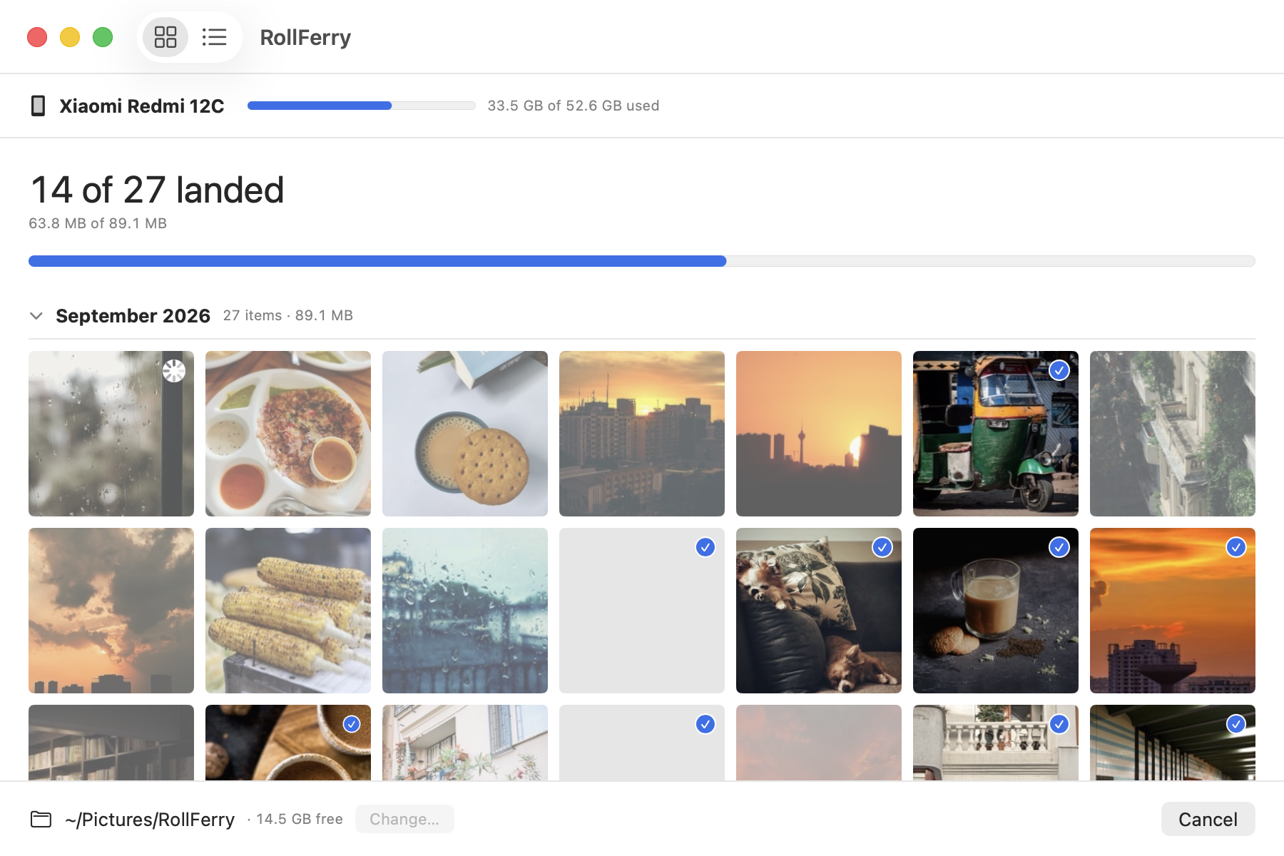 RollFerry's crossing screen: each photo gets a tick as its copy is verified