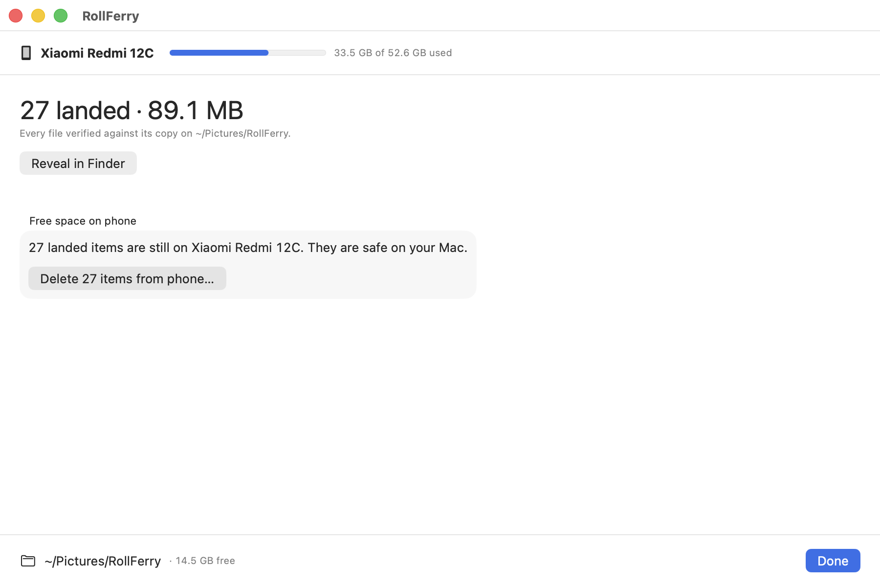 RollFerry’s landed screen: “27 landed · 89.1 MB” over “Every file verified against its copy on ~/Pictures/RollFerry.”, a Reveal in Finder button, and a separate Free space on phone block reading “27 landed items are still on Xiaomi Redmi 12C. They are safe on your Mac.” above a Delete 27 items from phone… button.